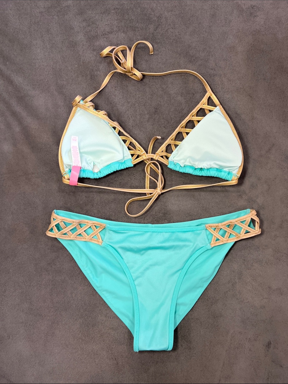 Victoria's Secret Aqua and Gold Lattice Two-Piece Bikini Set MEDIUM - Picture 7 of 11
